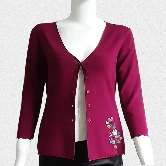 CUE Magenta Cardigan. Hand Embroidered and Beaded Multicolour Flowers - Picture 1 of 9